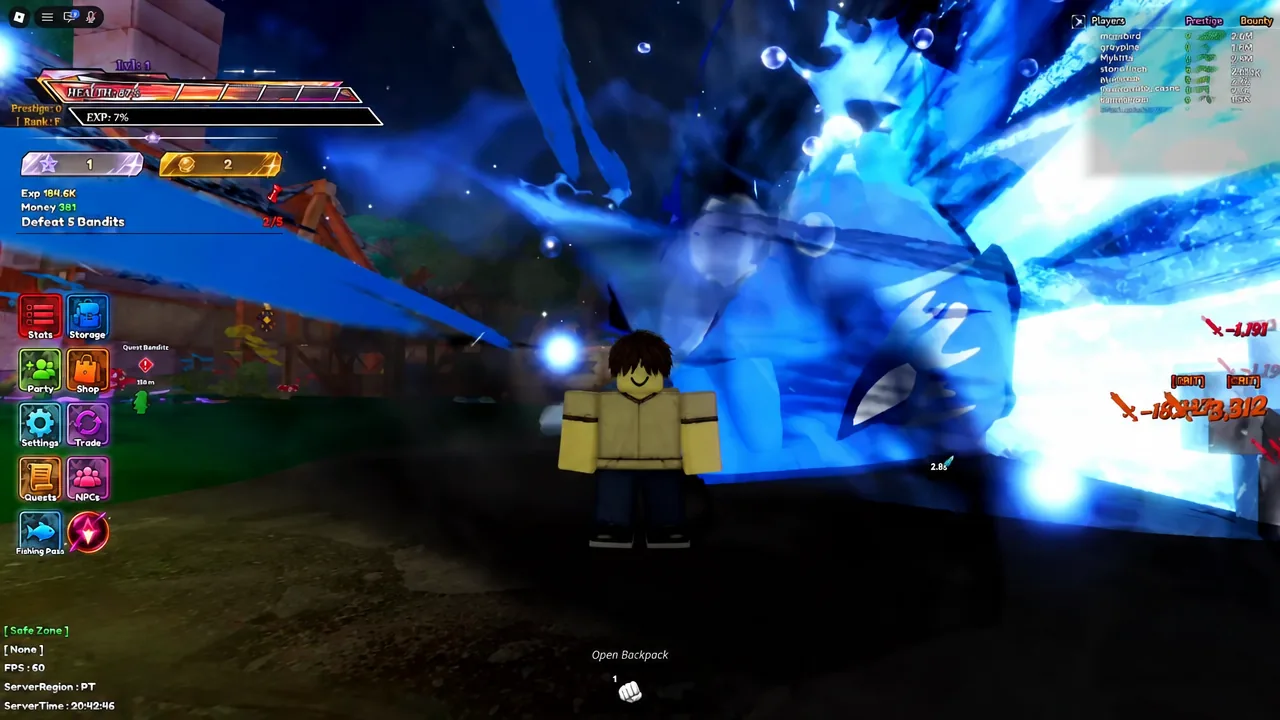 Quest tracker reading Defeat 5 Bandits at 2 of 5 while the player attacks a large blue enemy