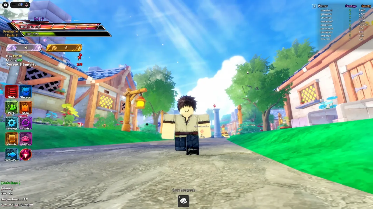 Avatar standing in a village area with the Storage button visible on the interface