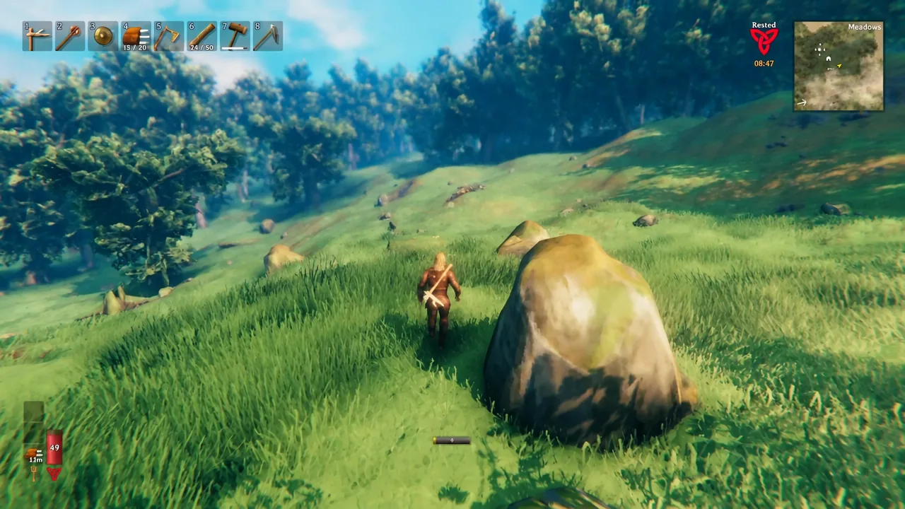 Viking character running through the Meadows with the hotbar, health bar, and minimap on screen