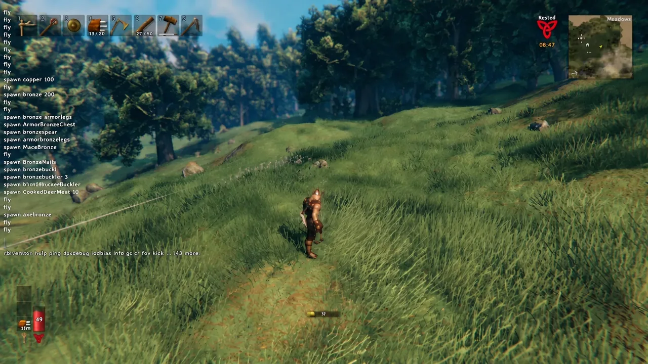 Valheim developer console open in the Meadows listing available spawn and movement commands