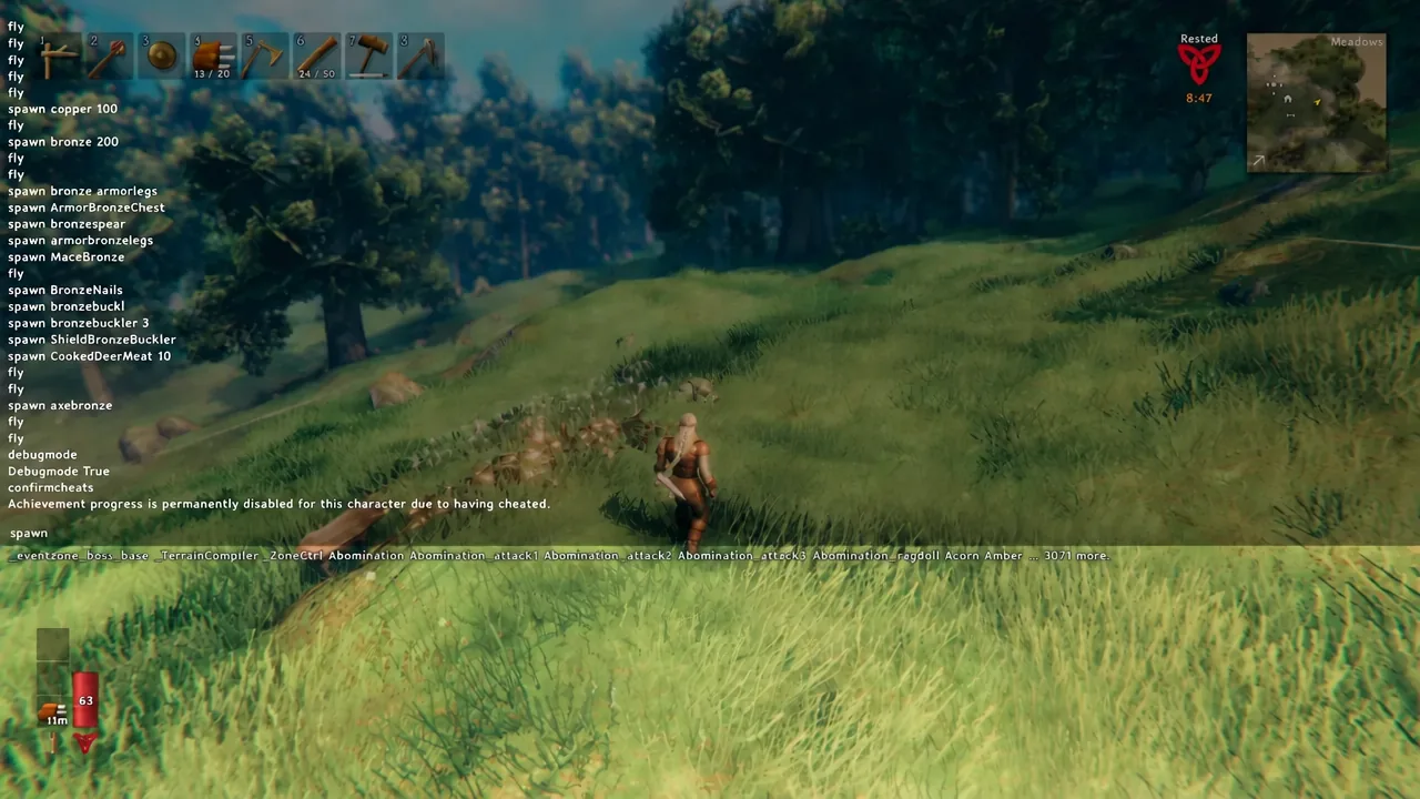 Console autocomplete suggesting spawn entries while the player flies above the Meadows