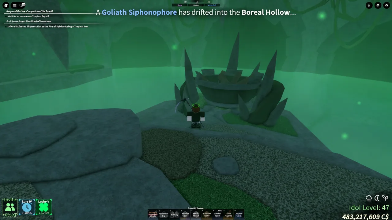 Player approaching the spiked shrine in Boreal Hollow with the event notification on screen