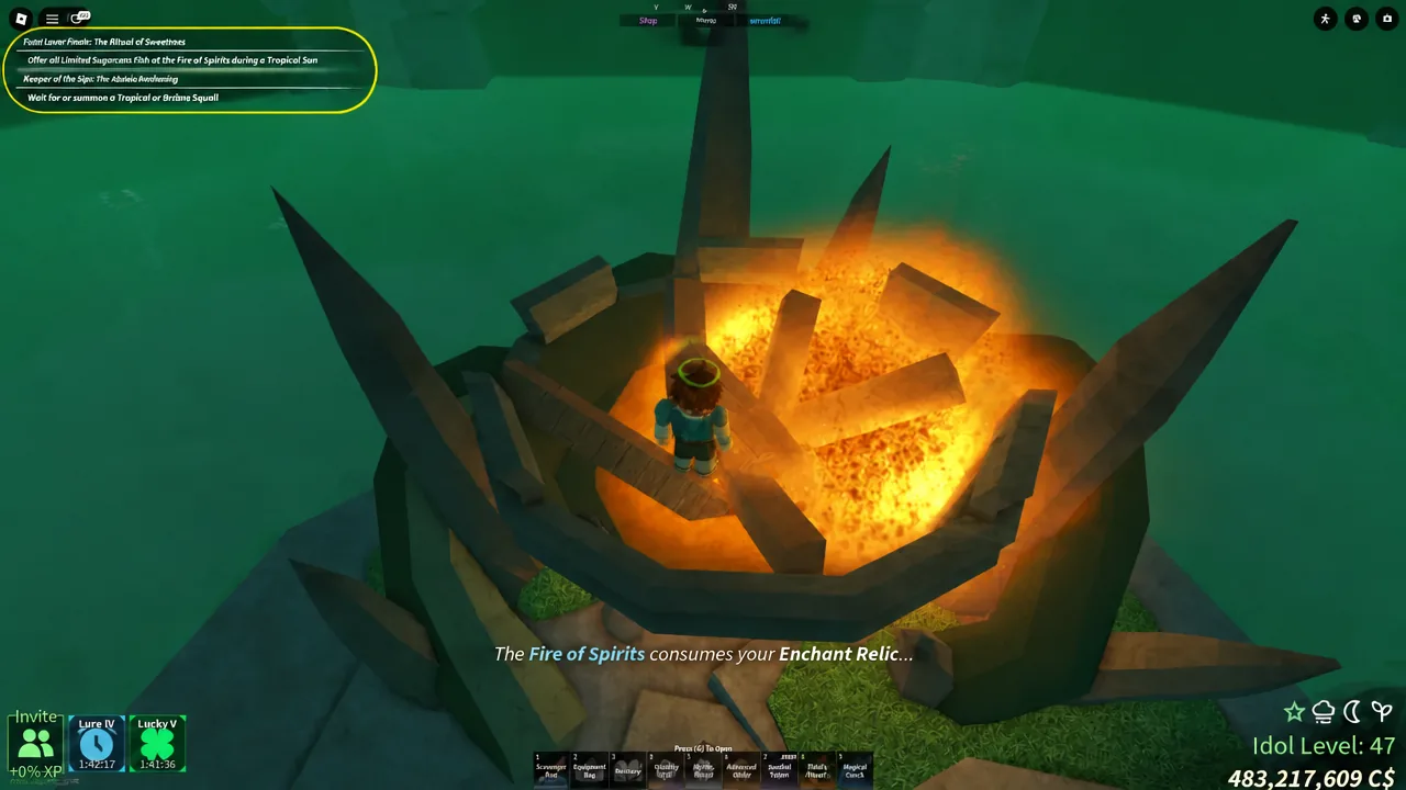 Player offering an Enchant Relic at the fiery altar with the Fire of Spirits objective tracked