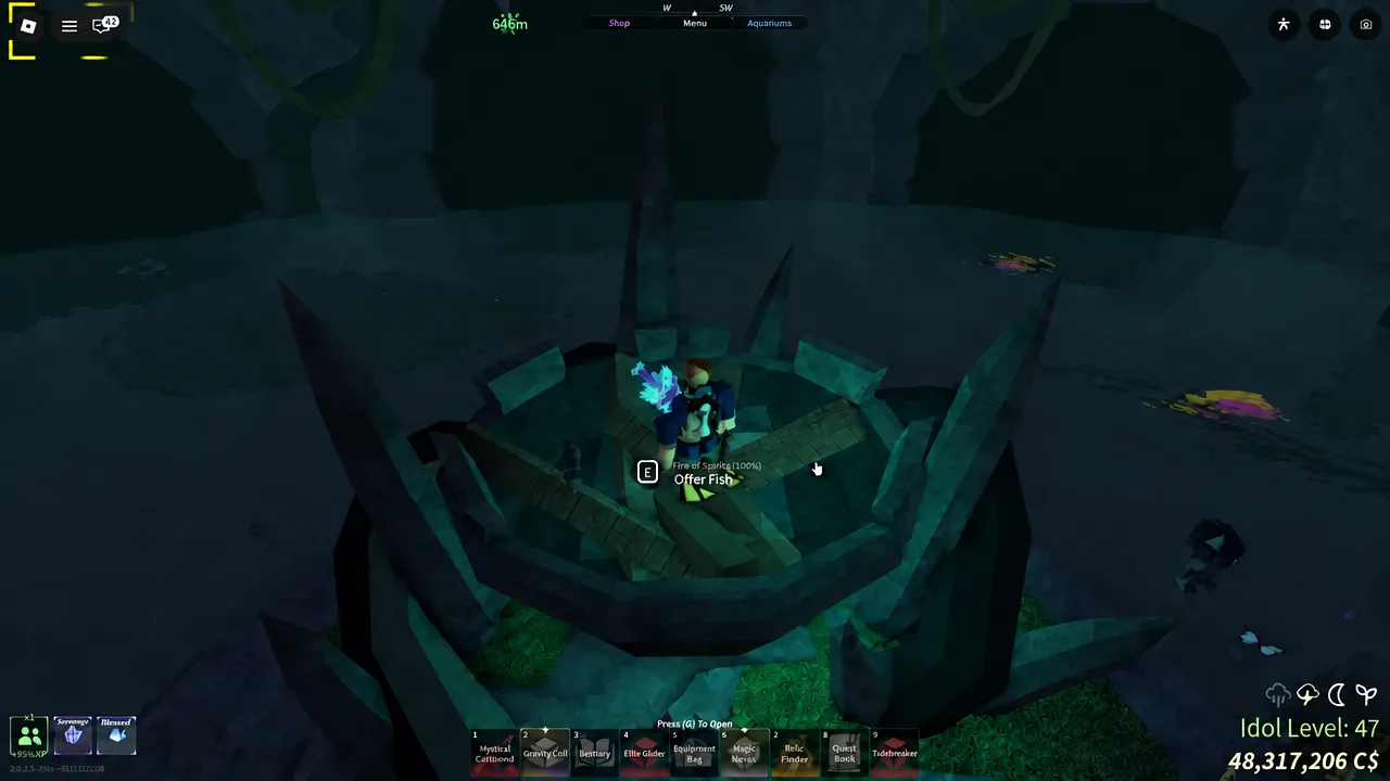 The Fire of Spirits interaction prompt in Abaia's Chamber with the Offer Fish option highlighted