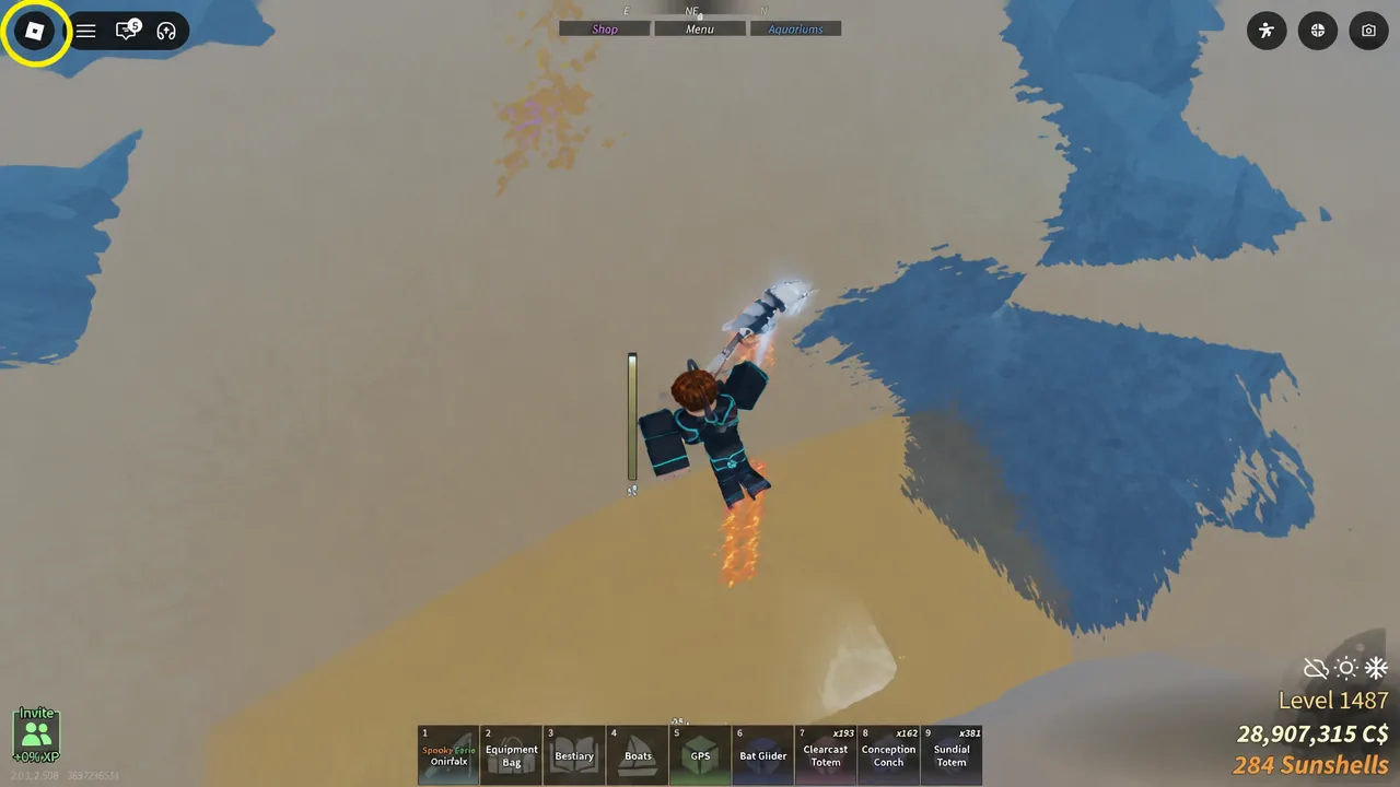 Player gliding above Skycrest with the Shop tab highlighted in the interface
