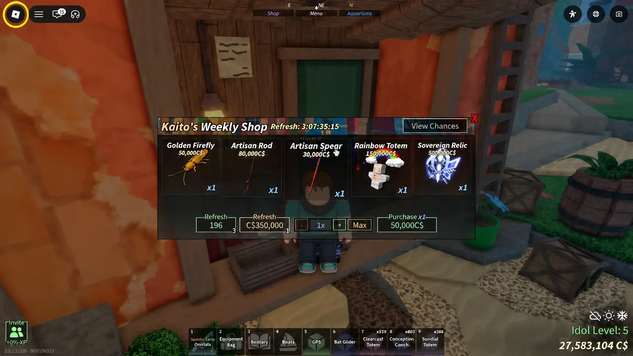 Kaito's Weekly Shop menu showing rotating stock and the View Chances button
