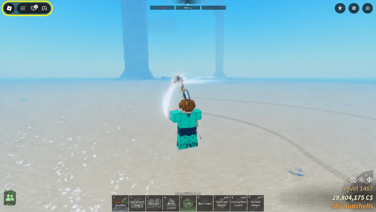 Player crossing shallow water with the GPS item selected in the hotbar while heading to Skycrest