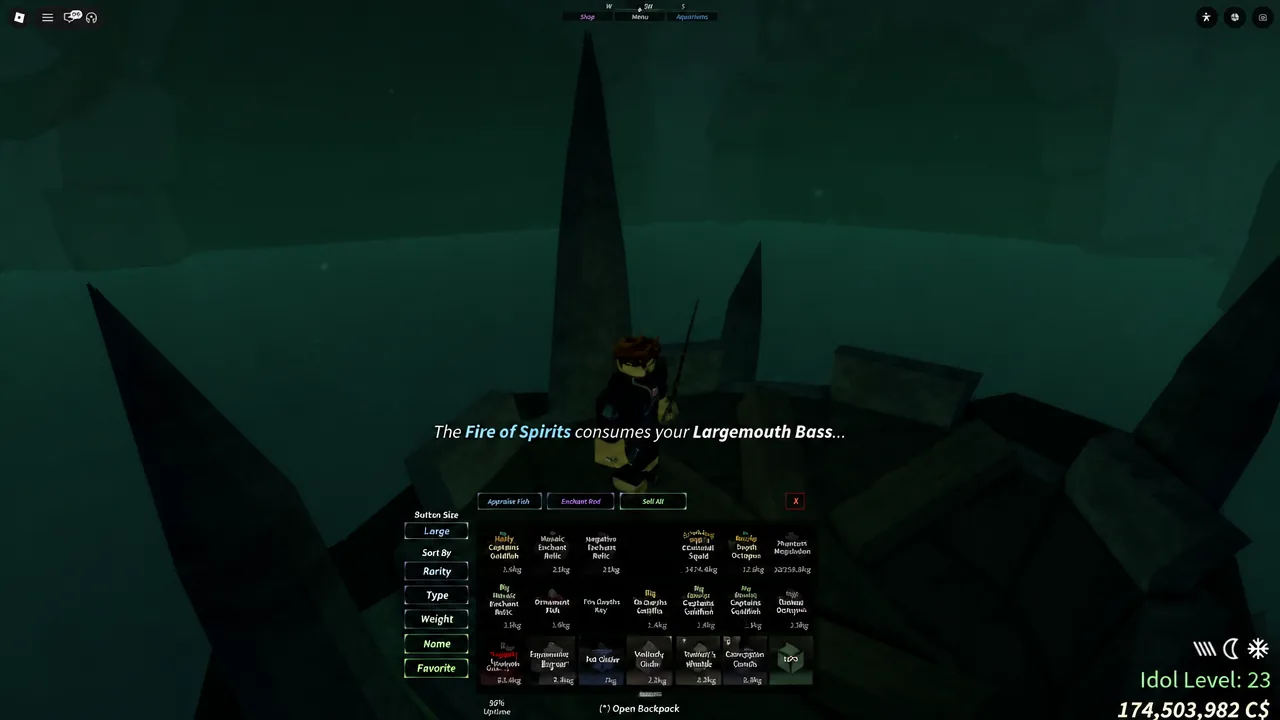 Open backpack inventory while the Fire of Spirits consumes a Largemouth Bass