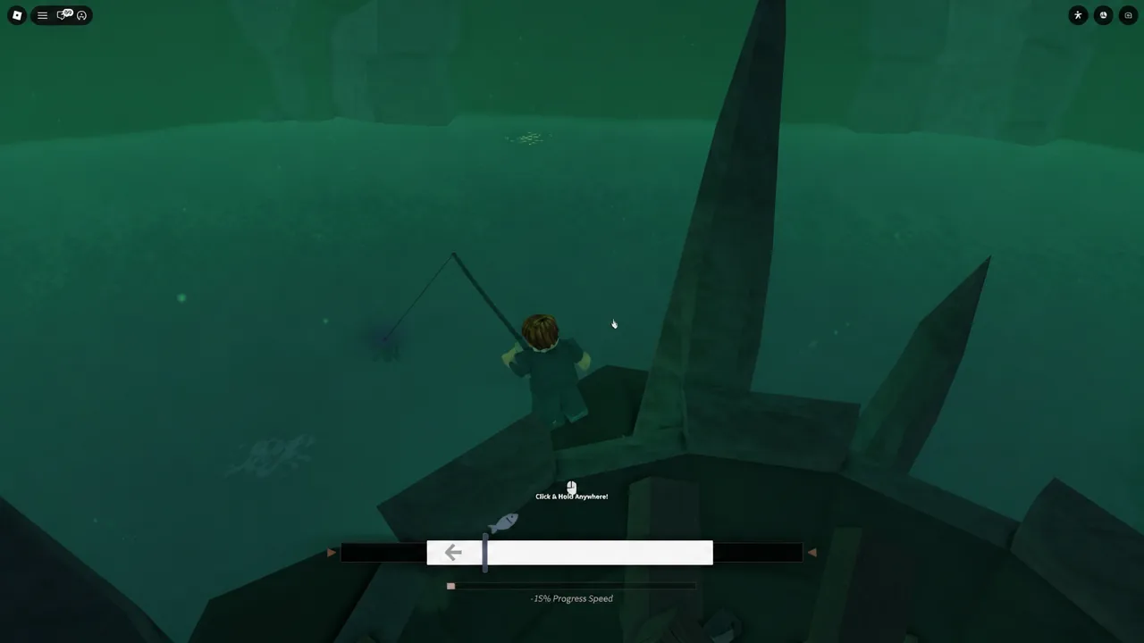 Fishing minigame with the horizontal progress bar and click-and-hold reeling prompt on screen