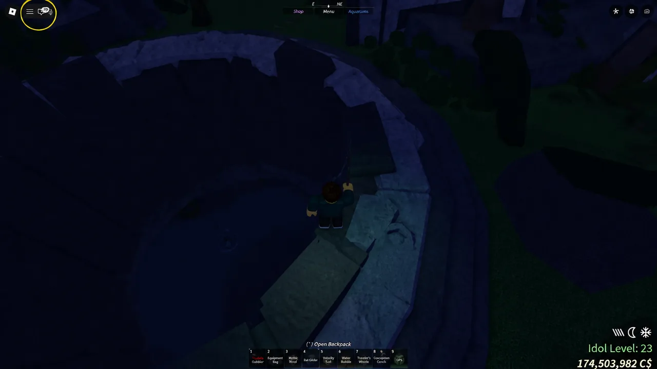 Player standing with a fishing rod inside the Skycrest area where Tropical Squall is triggered