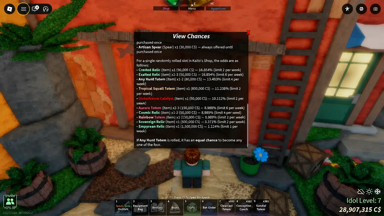 View Chances dialog listing randomized shop odds and weekly purchase limits