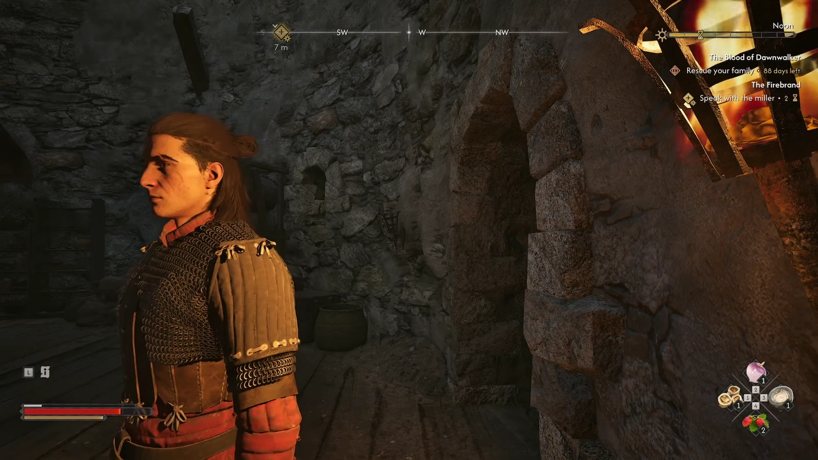 Coen inside the stone dungeon of Stoneward Post with the objective marker seven meters ahead