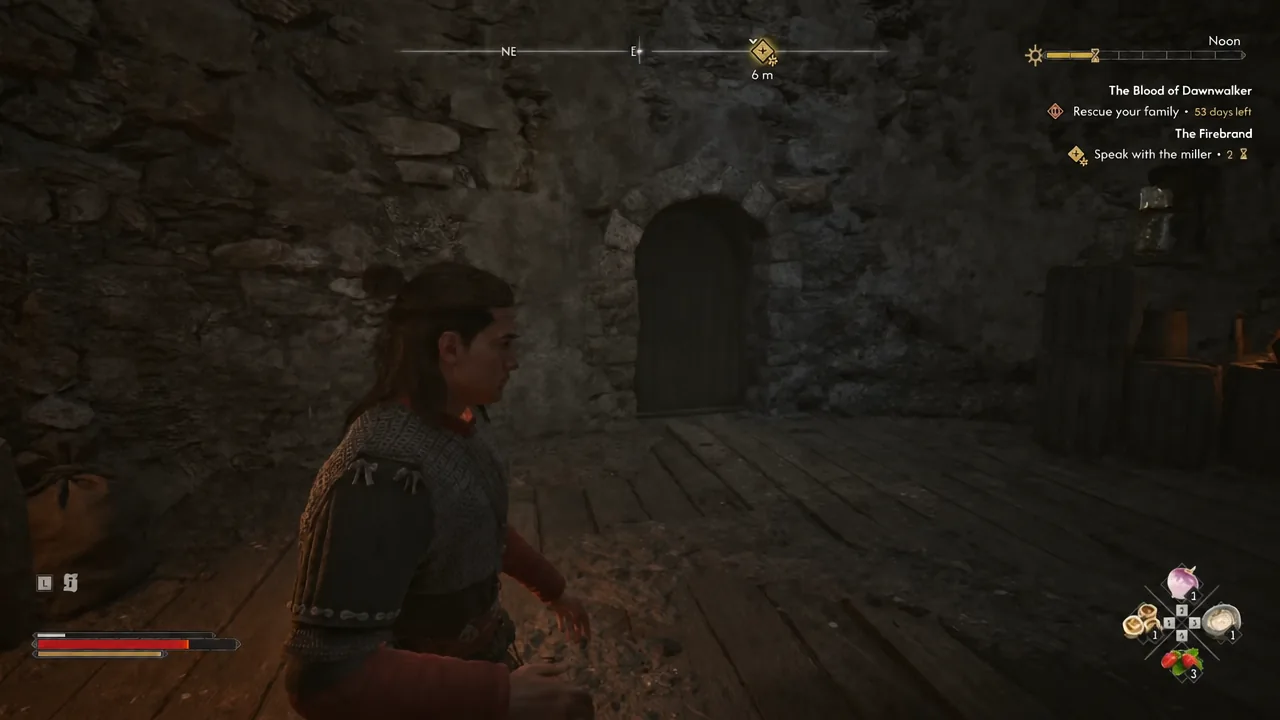 The Speak with the miller objective marker showing six meters inside the Stoneward Post cell block