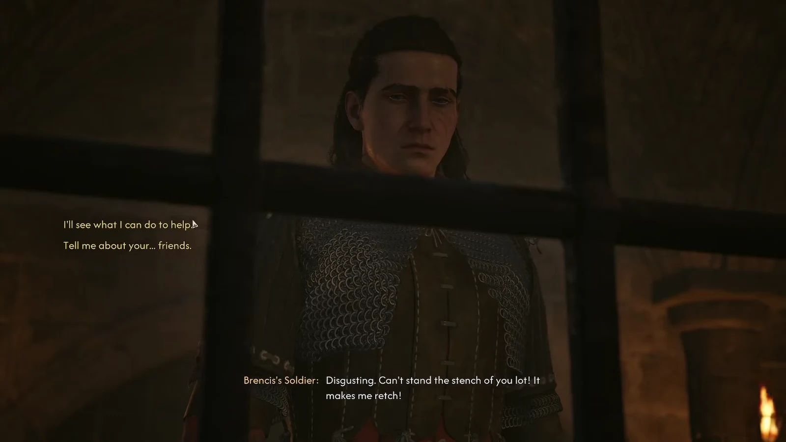 Dialogue wheel with the option Tell me about your... friends. highlighted during the cell conversation