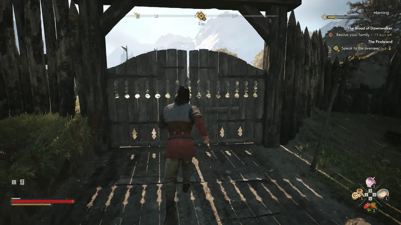 Coen walks up to the second closed wooden gate inside Stoneward Post with the quest tracker on screen
