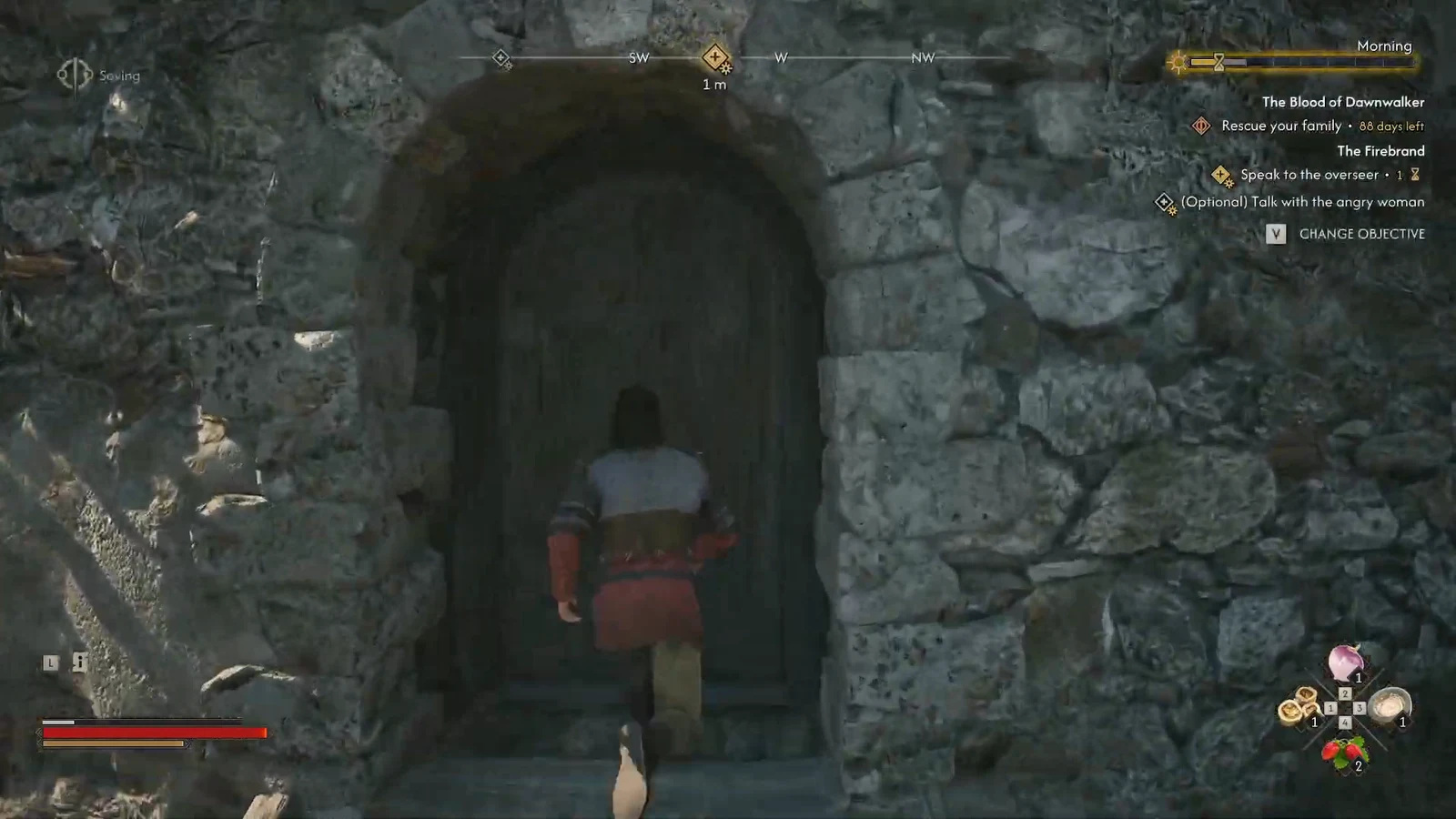 Coen steps toward the stone doorway of the overseer's tower at the rear of Stoneward Post