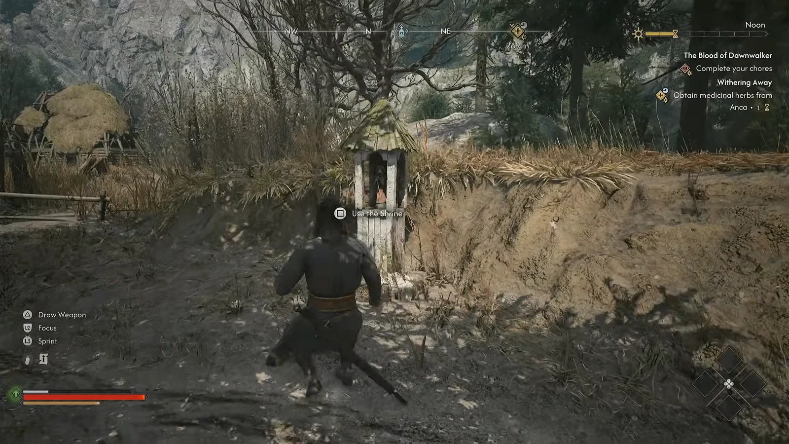 Coen approaching a roadside wooden shrine with the Use the Shrine interaction prompt on screen