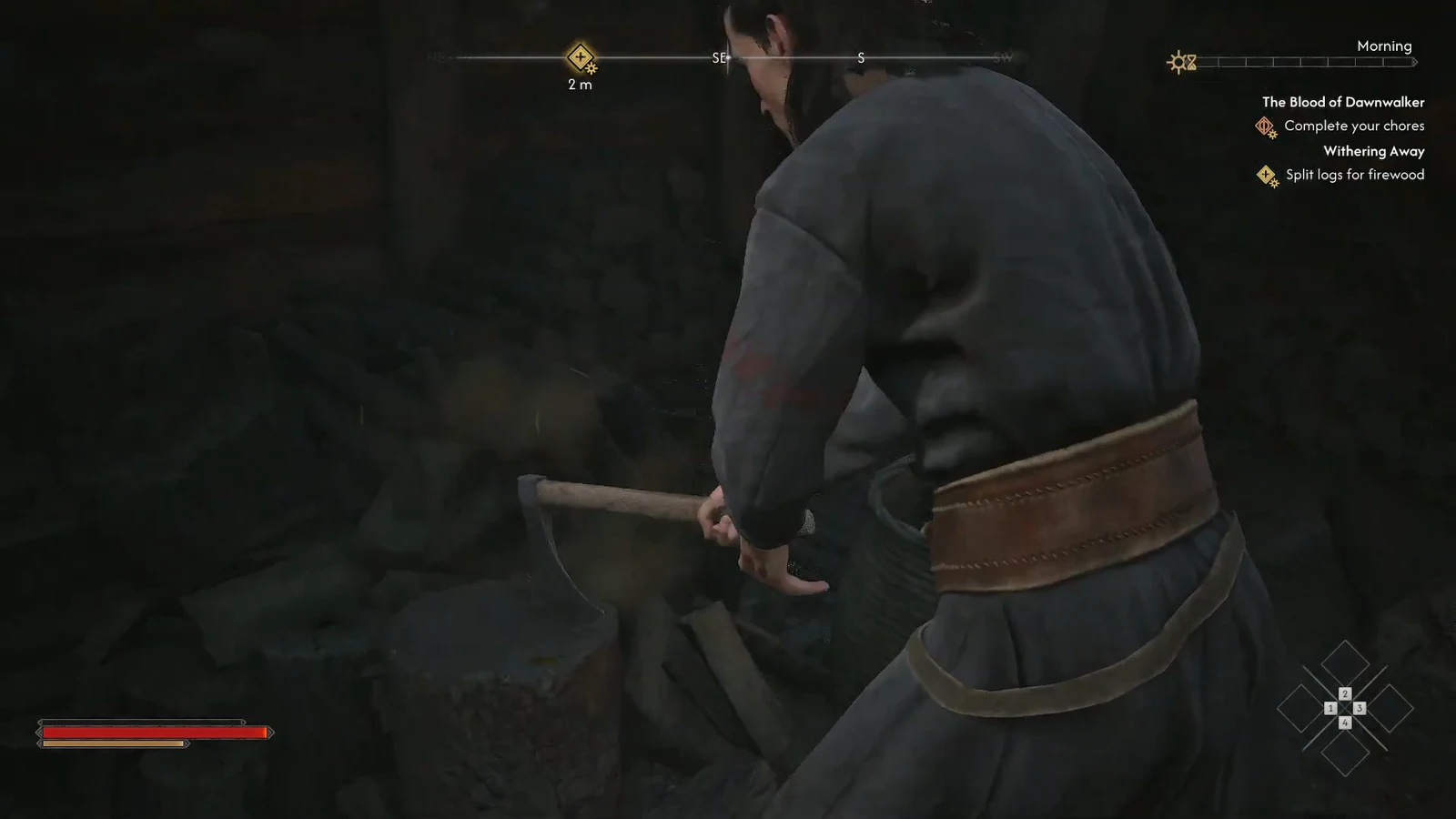 The final axe swing that completes the firewood chore in Withering Away