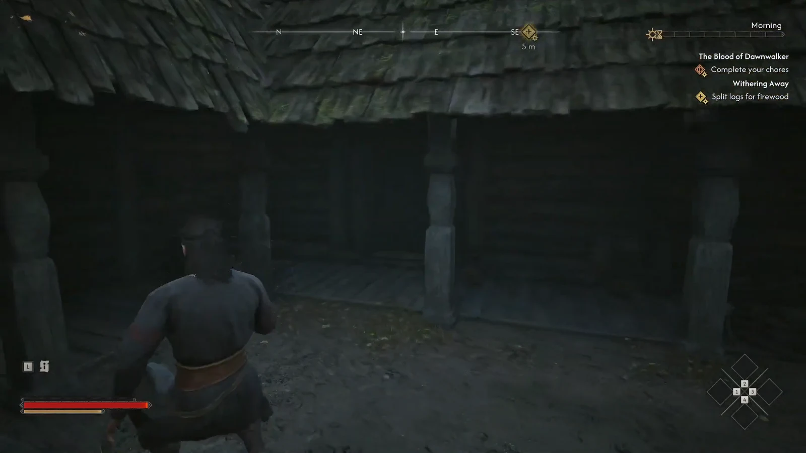 Coen stands in the dim wooden interior with the Withering Away firewood objective active