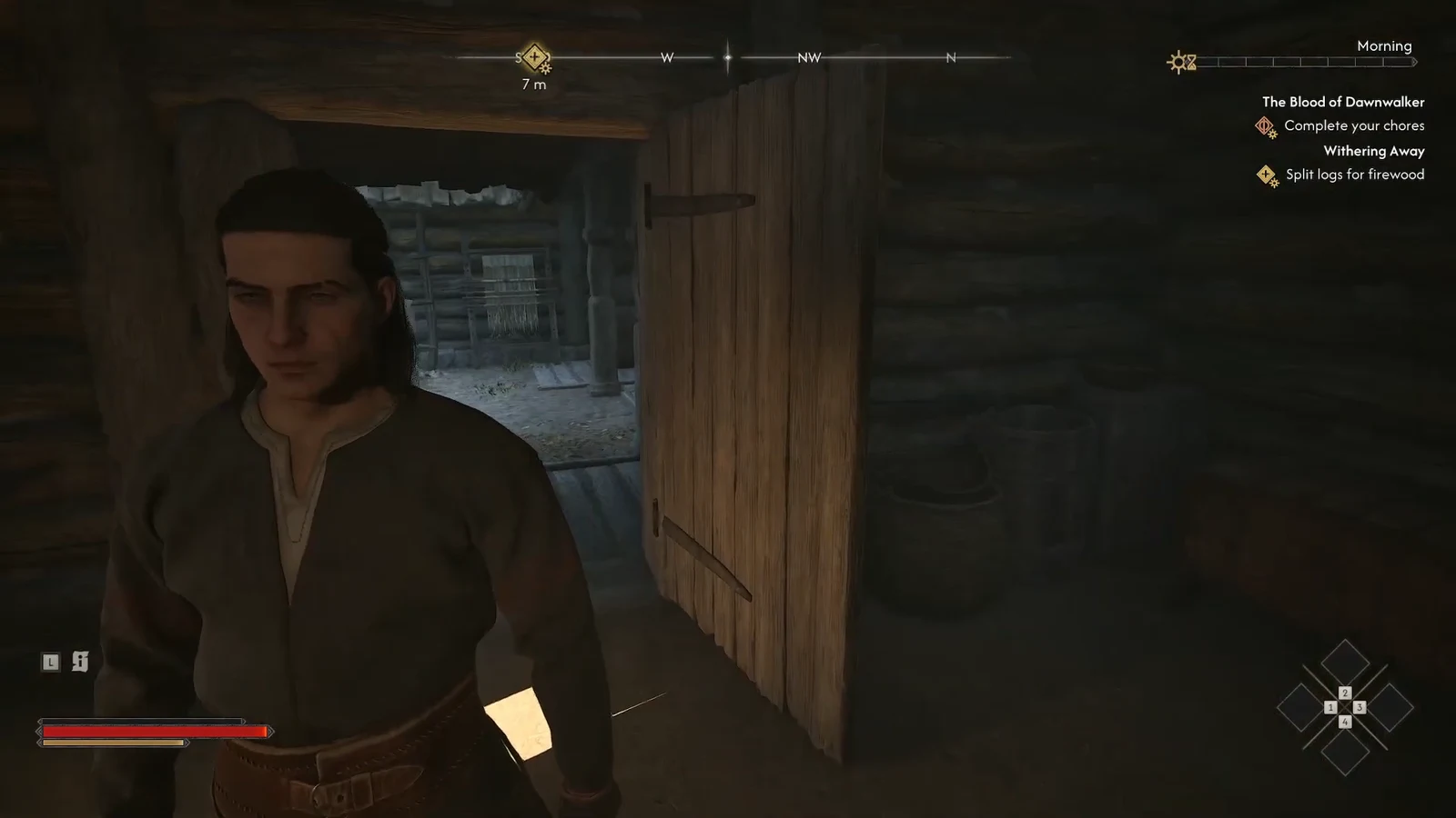 HUD showing the Withering Away objective Split logs for firewood seven meters away