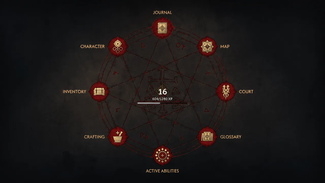 The journal radial menu open with Character, Inventory, Crafting, Map, Court, Glossary and Active Abilities options