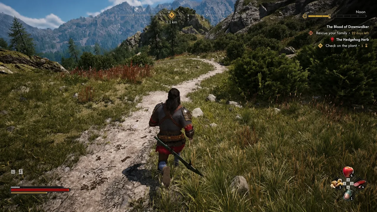 Coen running along a trail with the quest tracker showing The Hedgehog Herb objective