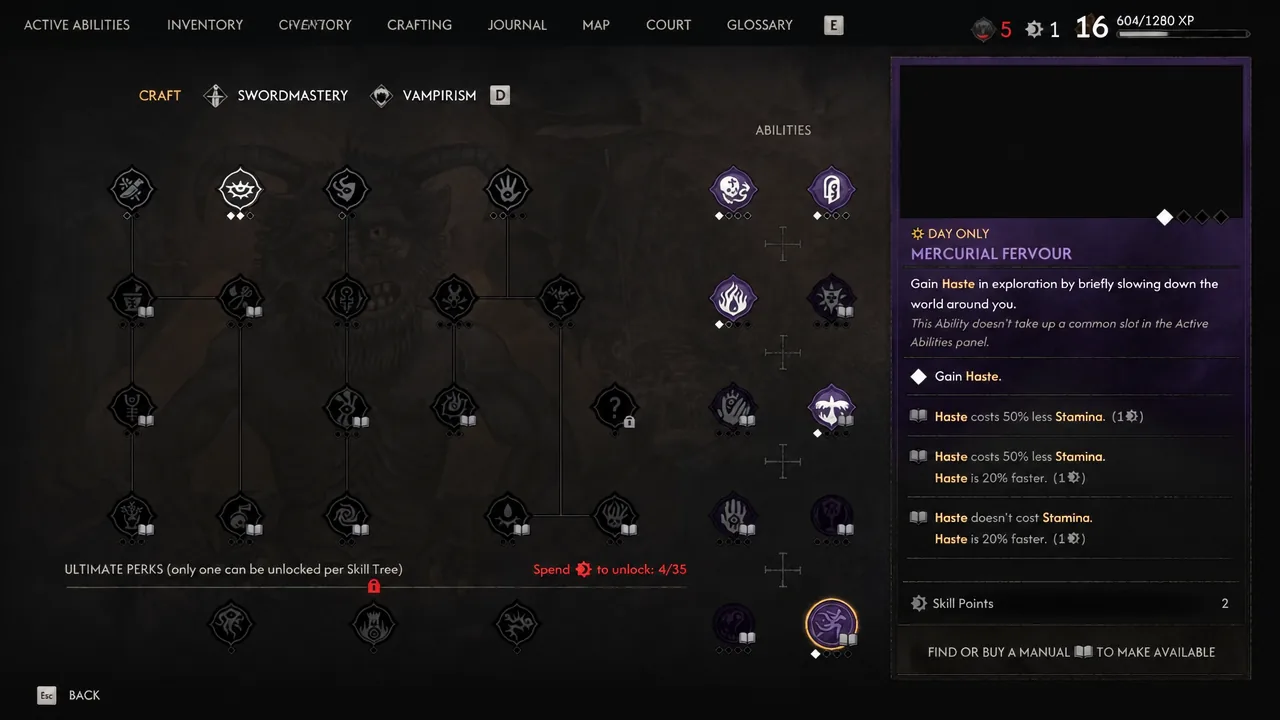 Mercurial Fervour highlighted in the ability menu with its Haste description and unlock requirements