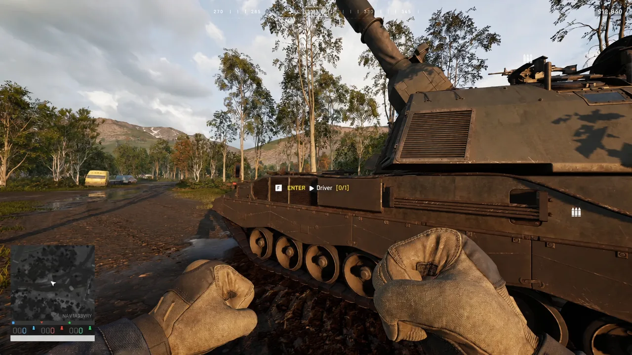 Yellow ENTER Driver prompt on the side of a tank in first-person view
