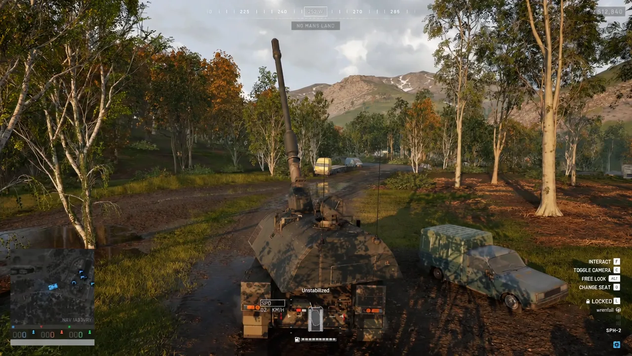 Armored vehicle driving across No Man's Land with the HUD status reading Unstabilized