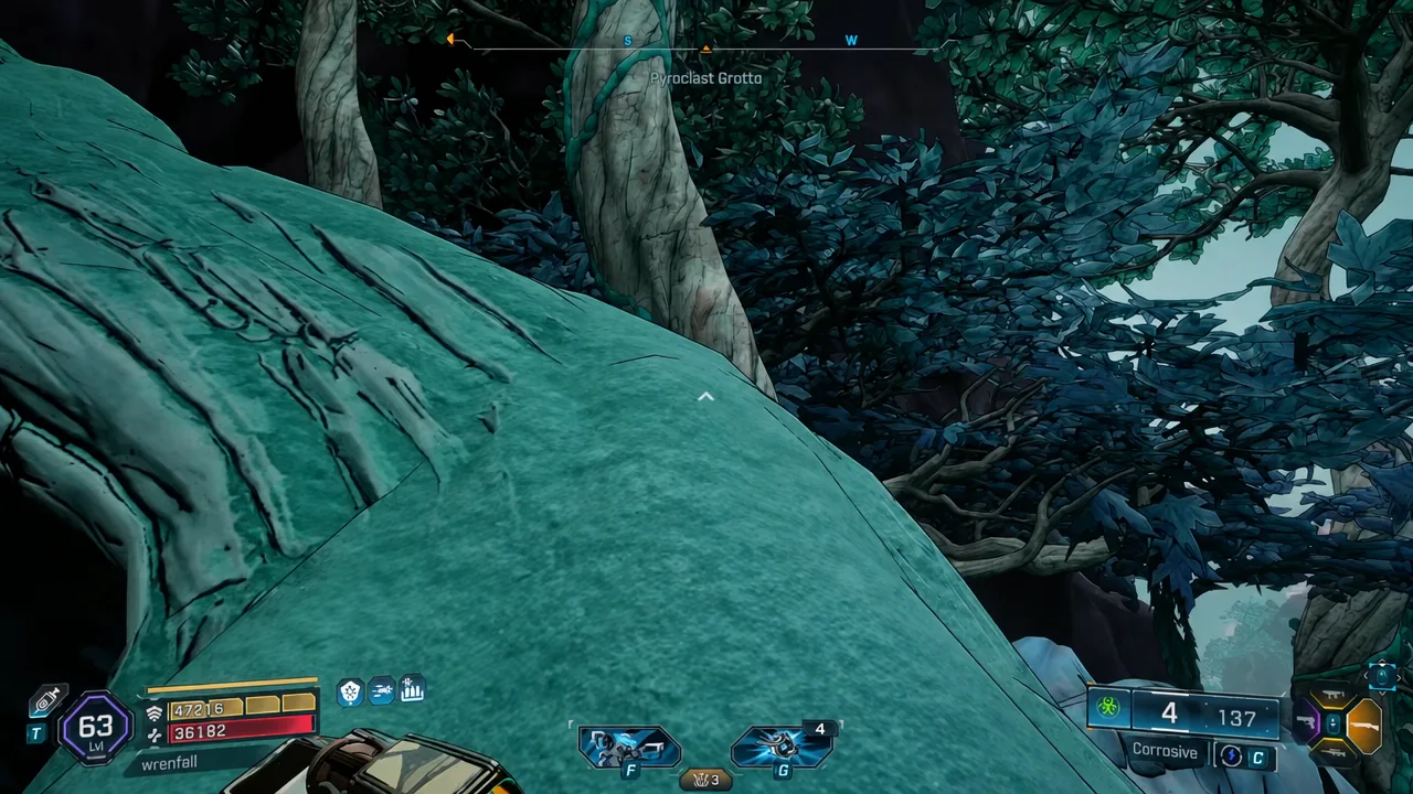 Traversing a massive tree trunk in first person while climbing toward the upper cliffs