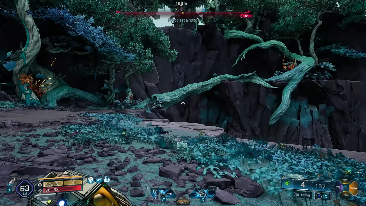 Looking across the grotto cavern in first person with the weapon HUD visible