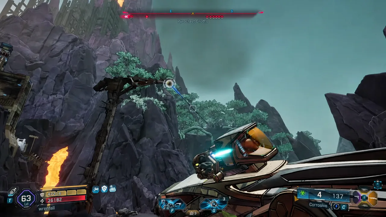 First-person view of riding the zipline over the chasm on the way to Pyroclast Grotto