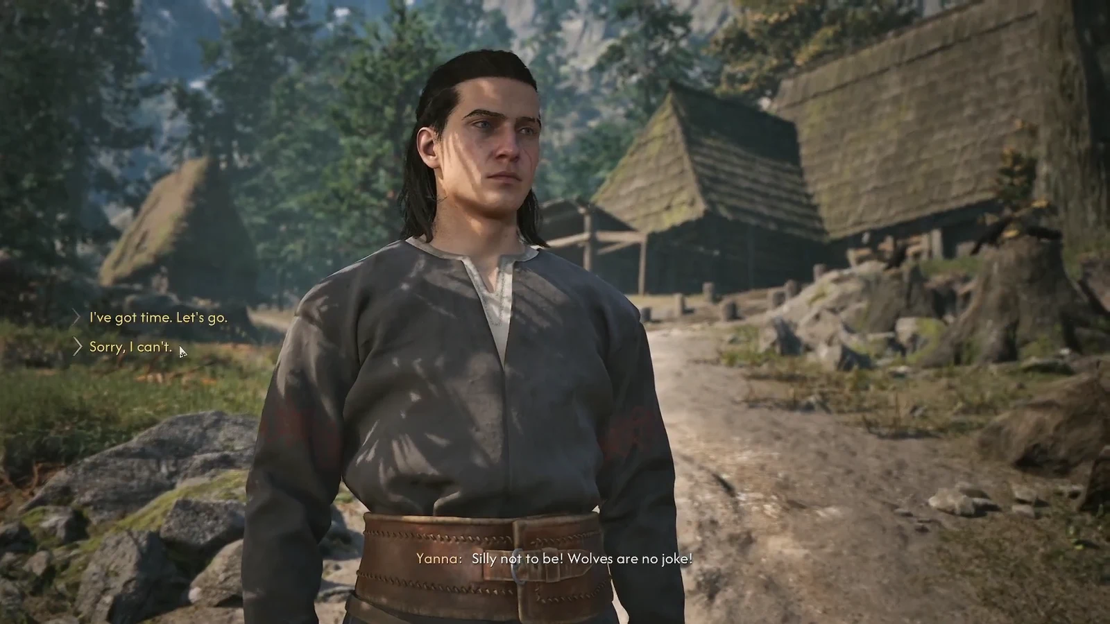 Dialogue wheel showing the options "I've got time. Let's go." and "Sorry, I can't."
