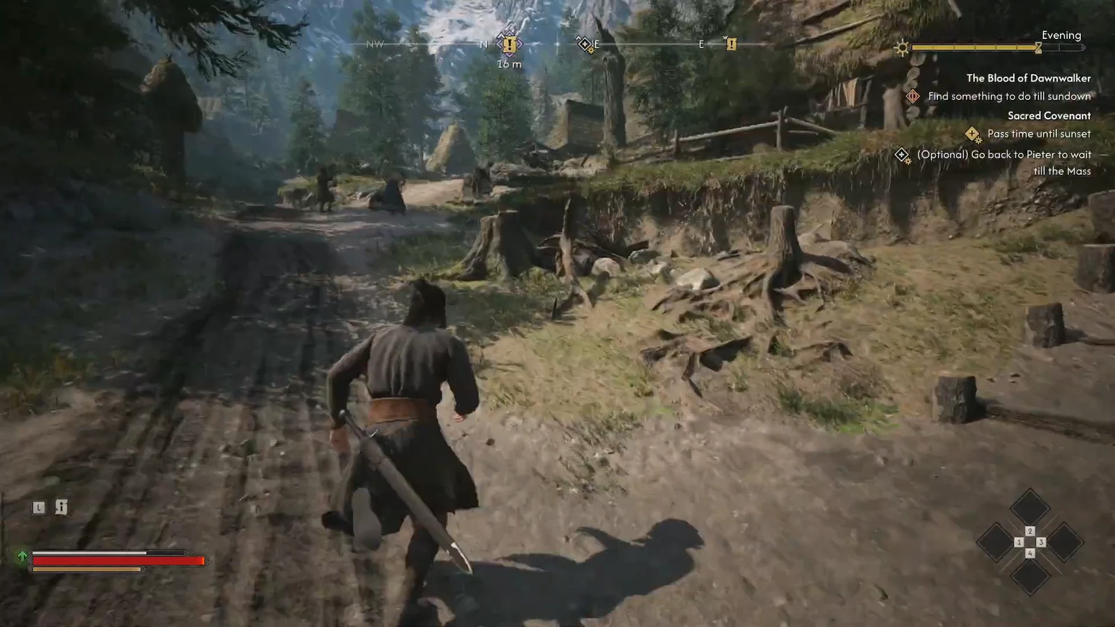 Coen running up a dirt path through the forest while following a compass marker