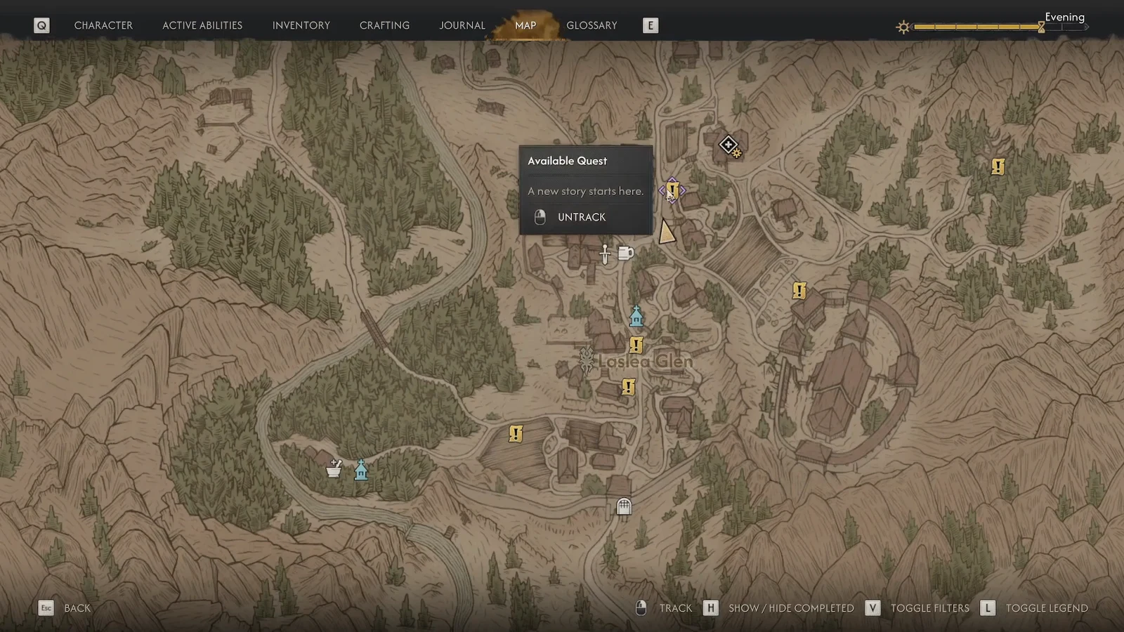 Map screen showing an Available Quest popup reading "A new story starts here" with an Untrack option
