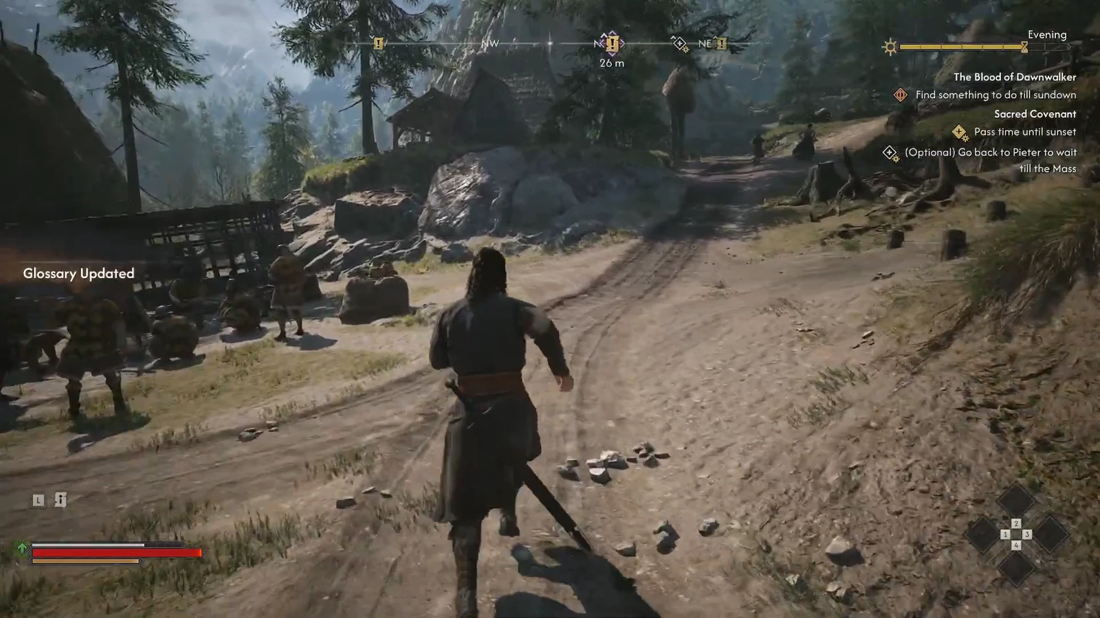 On-screen quest tracker in The Blood of Dawnwalker while travelling along a road at dusk
