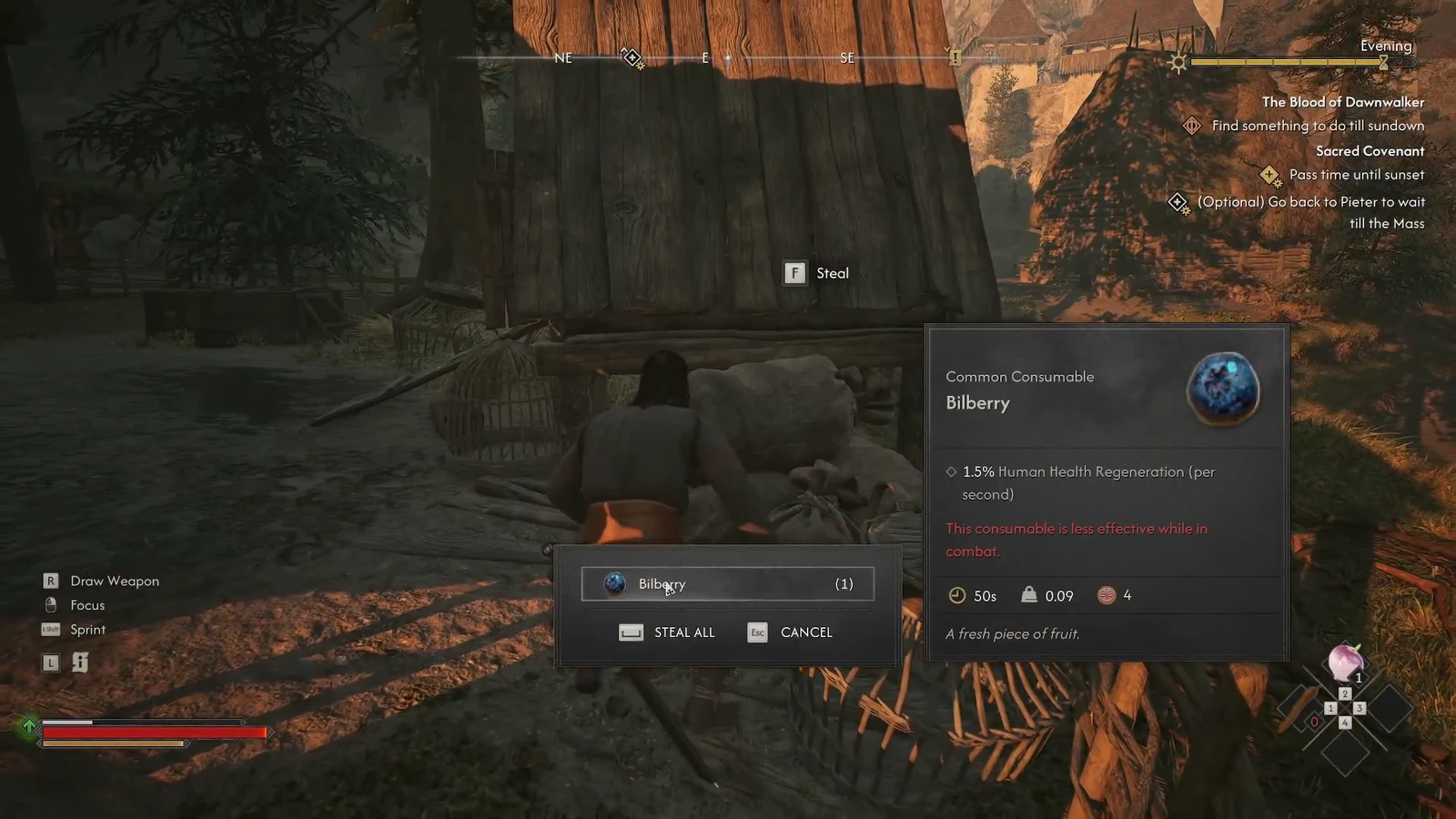 Loot window showing a Bilberry and its consumable effects with the Steal All option available
