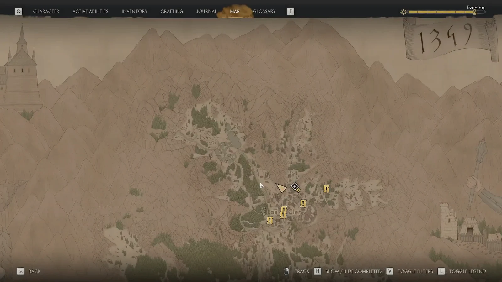World map open on the Laslea Glen area with yellow quest markers and the player cursor