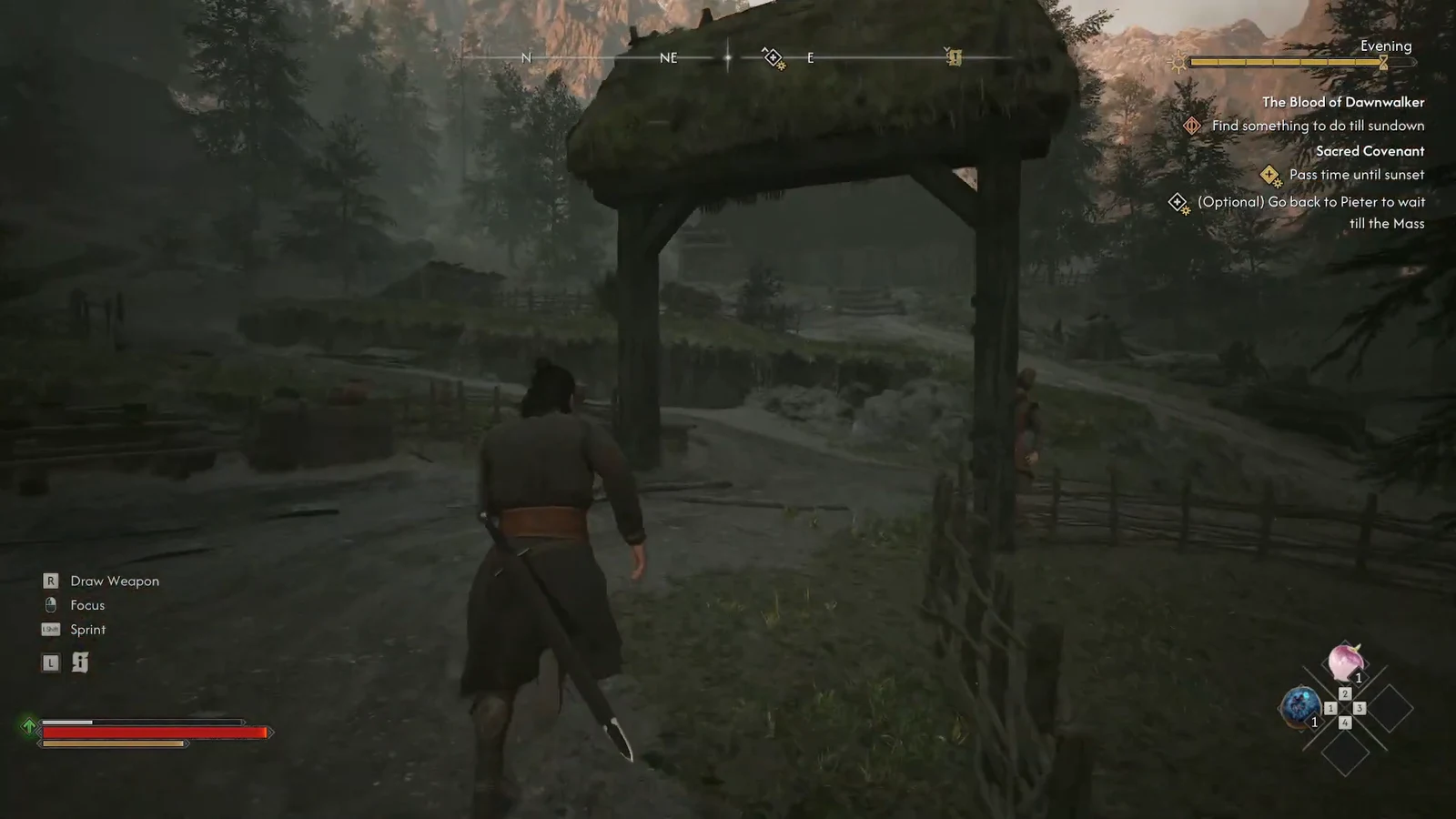 Coen walks toward a village gate with the Sacred Covenant objective to pass time until sunset on screen