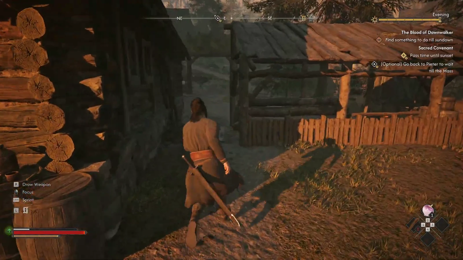 Coen walks away through a rustic village after looting, with the Sacred Covenant objective tracked