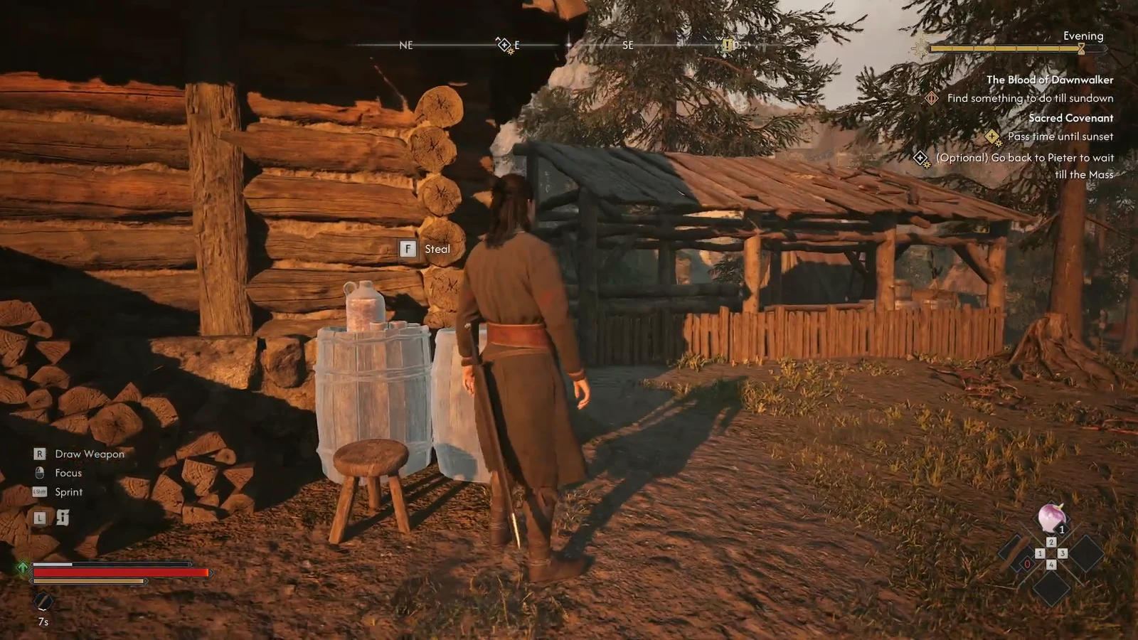 The F Steal prompt appears next to a barrel during gameplay
