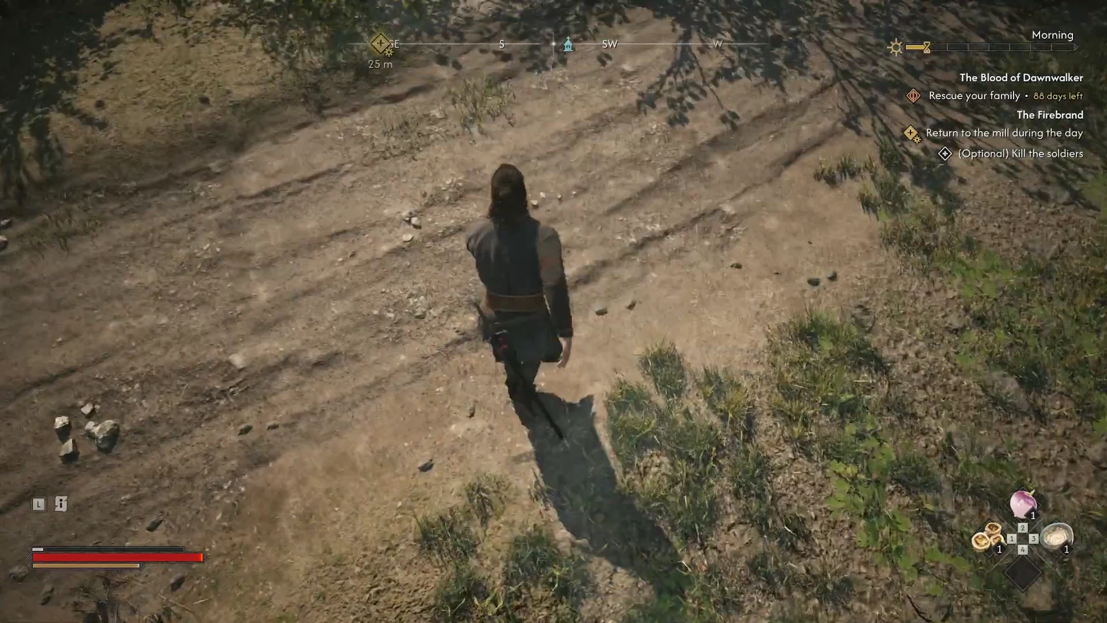 On-screen distance marker reading 25 metres as Coen moves toward the tracked objective