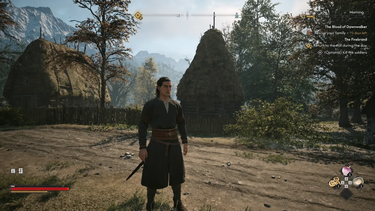 Quest tracker reading Return to the mill during the day while Coen stands in the village