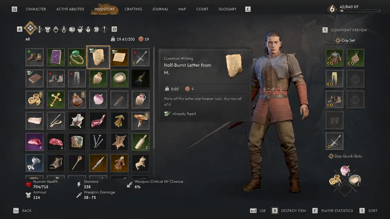 Inventory screen with the Half-Burnt Letter from M. selected and its details displayed