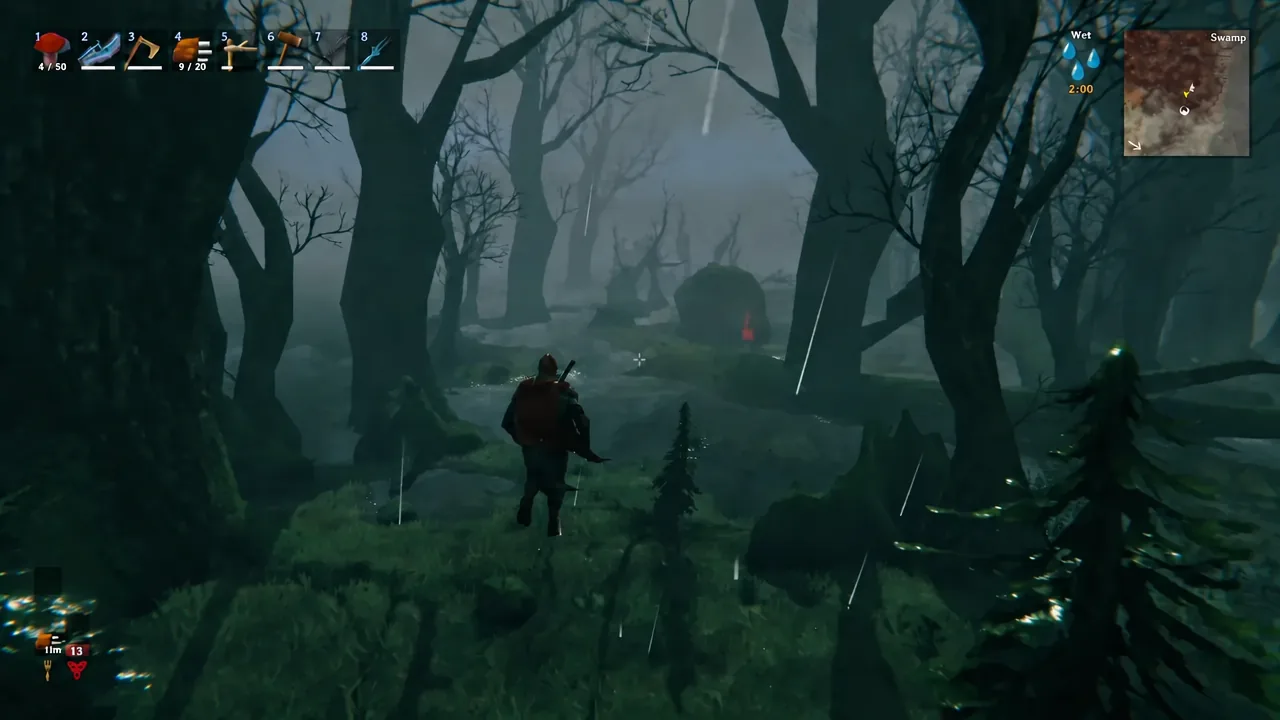 Player wading through the rainy Swamp biome with the Wet status icon showing in the HUD