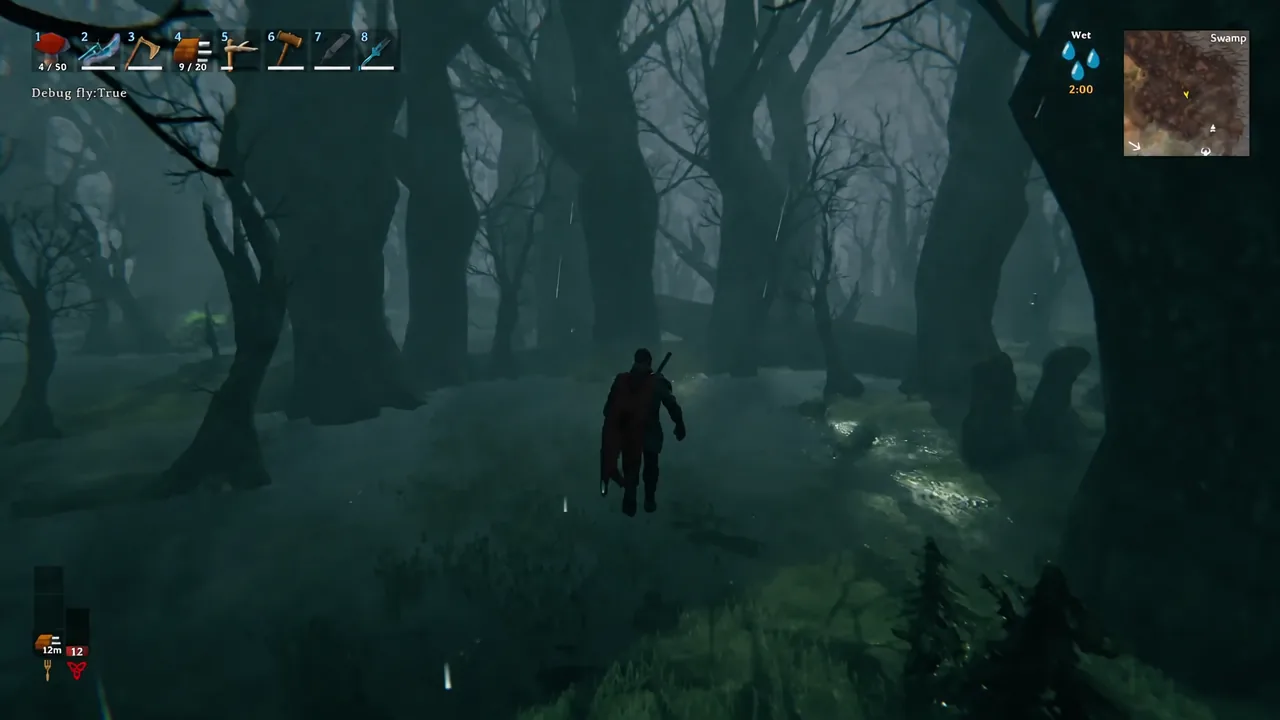 Player moving back across the Swamp with the first hotbar slot selected and a Wet status effect