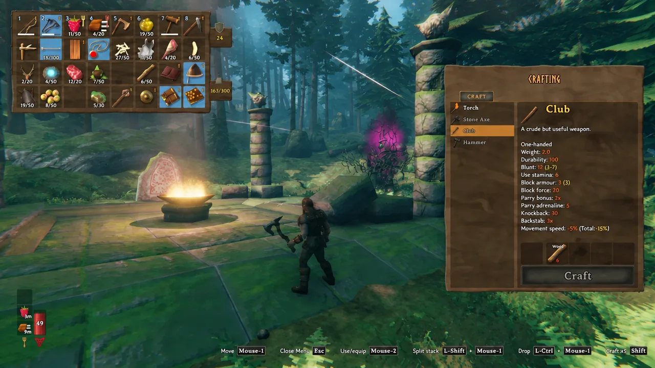 Craft button highlighted in the Valheim crafting screen with the Club ready to make