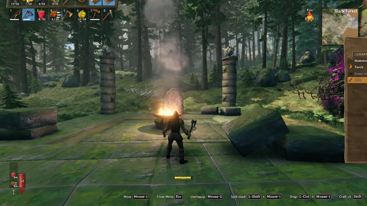 Valheim Crafting menu with the Club recipe selected before a Black Forest trip