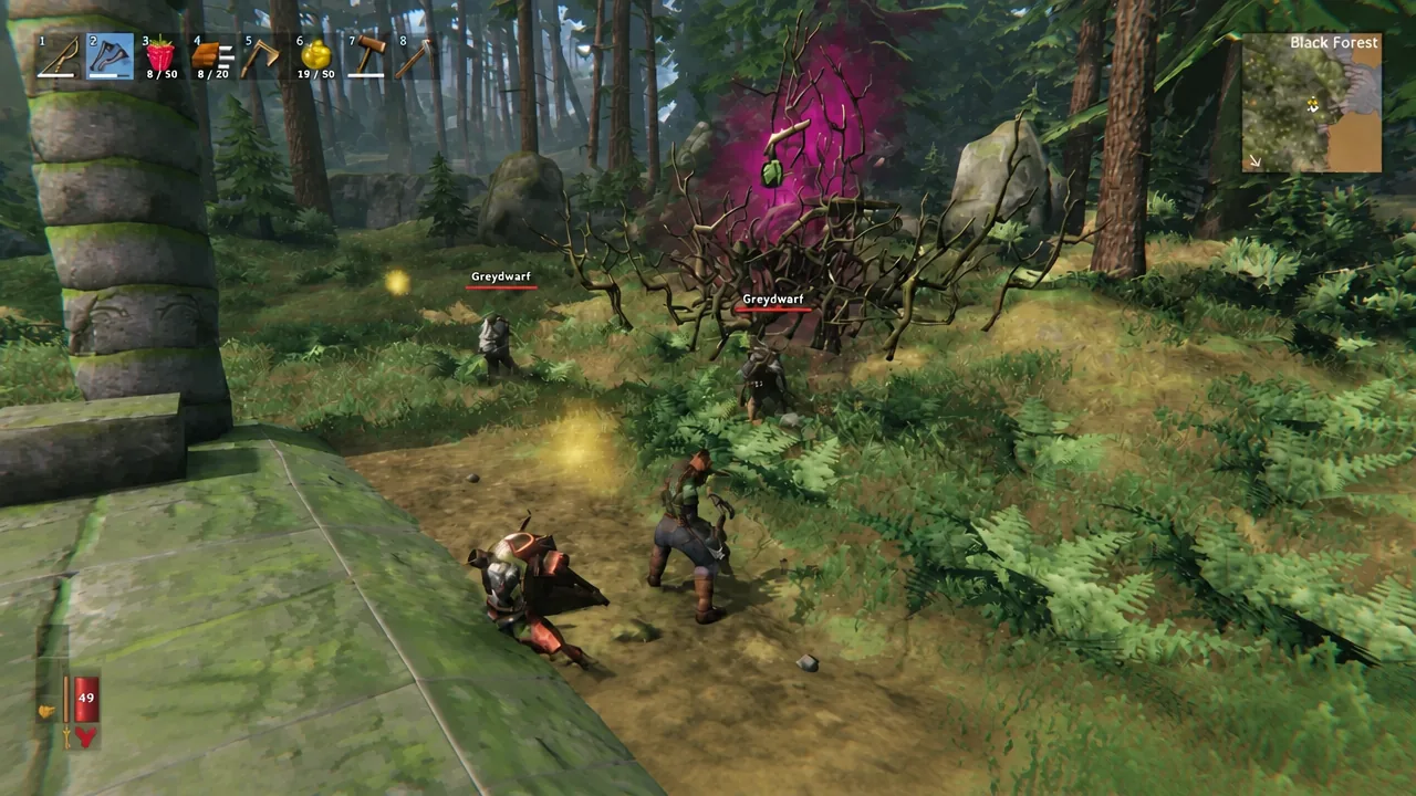 Player fighting Greydwarfs in the Black Forest with a bow in hotbar slot two
