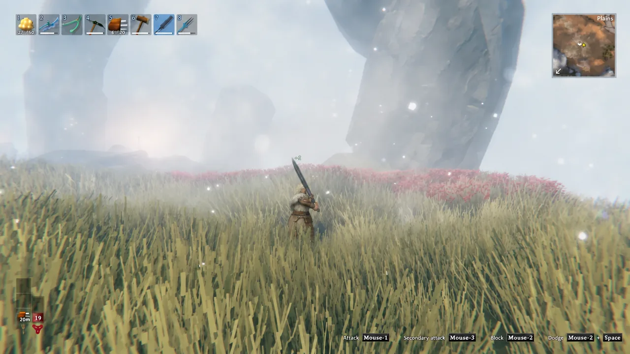 Plains gameplay with hotbar slot seven selected and a black metal sword in hand